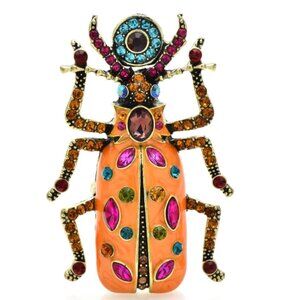 Big beautiful rhinestone adorned Beetle Brooch in Tangerine Orange enamel